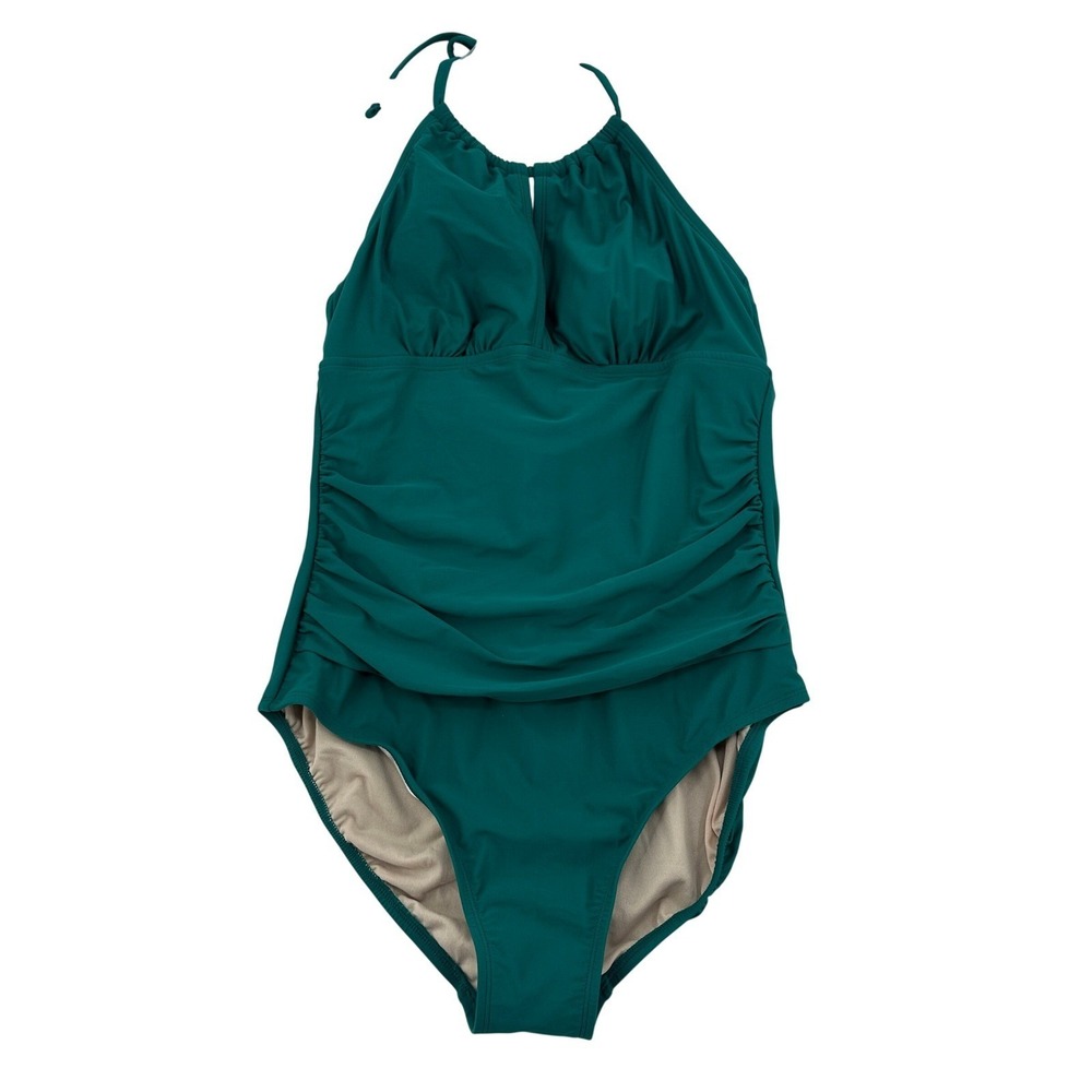 Kona Sol Teal Green Halter One Piece Swimsuit Ruched Keyhole Women Size L 12-14